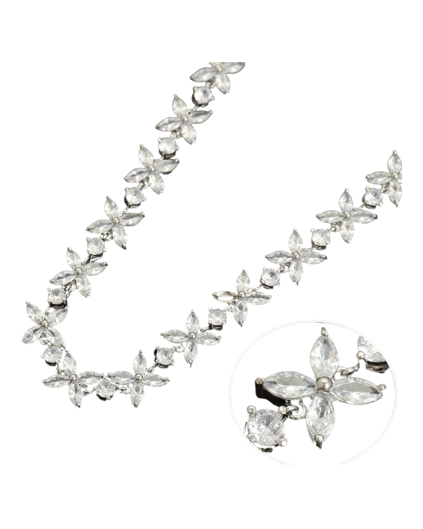 Parure fleurs argentée pierres blanches YSset-523