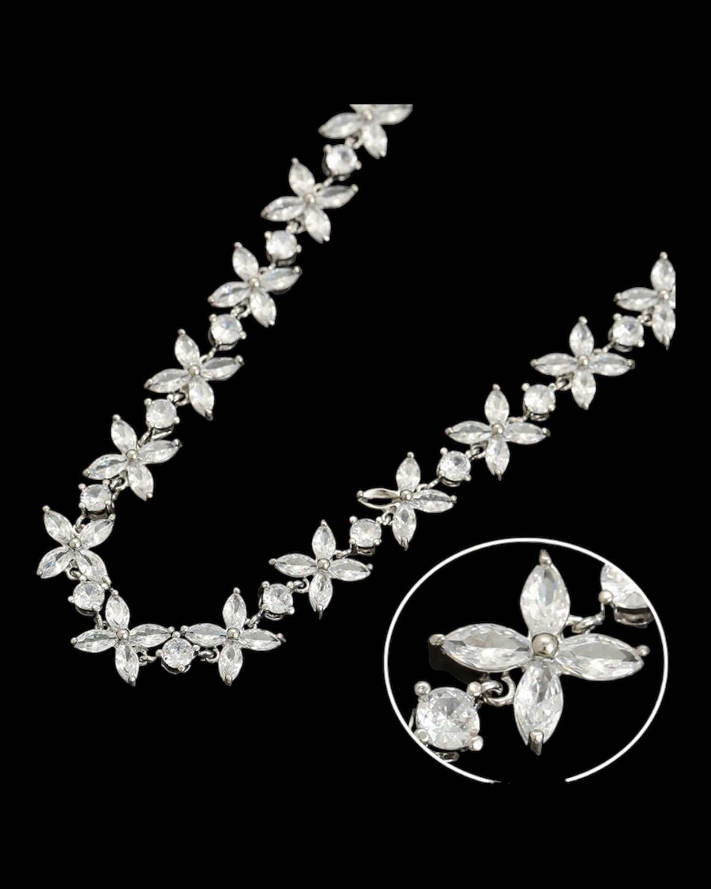 Parure fleurs argentée pierres blanches YSset-523