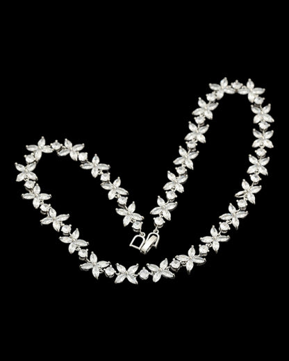 Parure fleurs argentée pierres blanches YSset-523